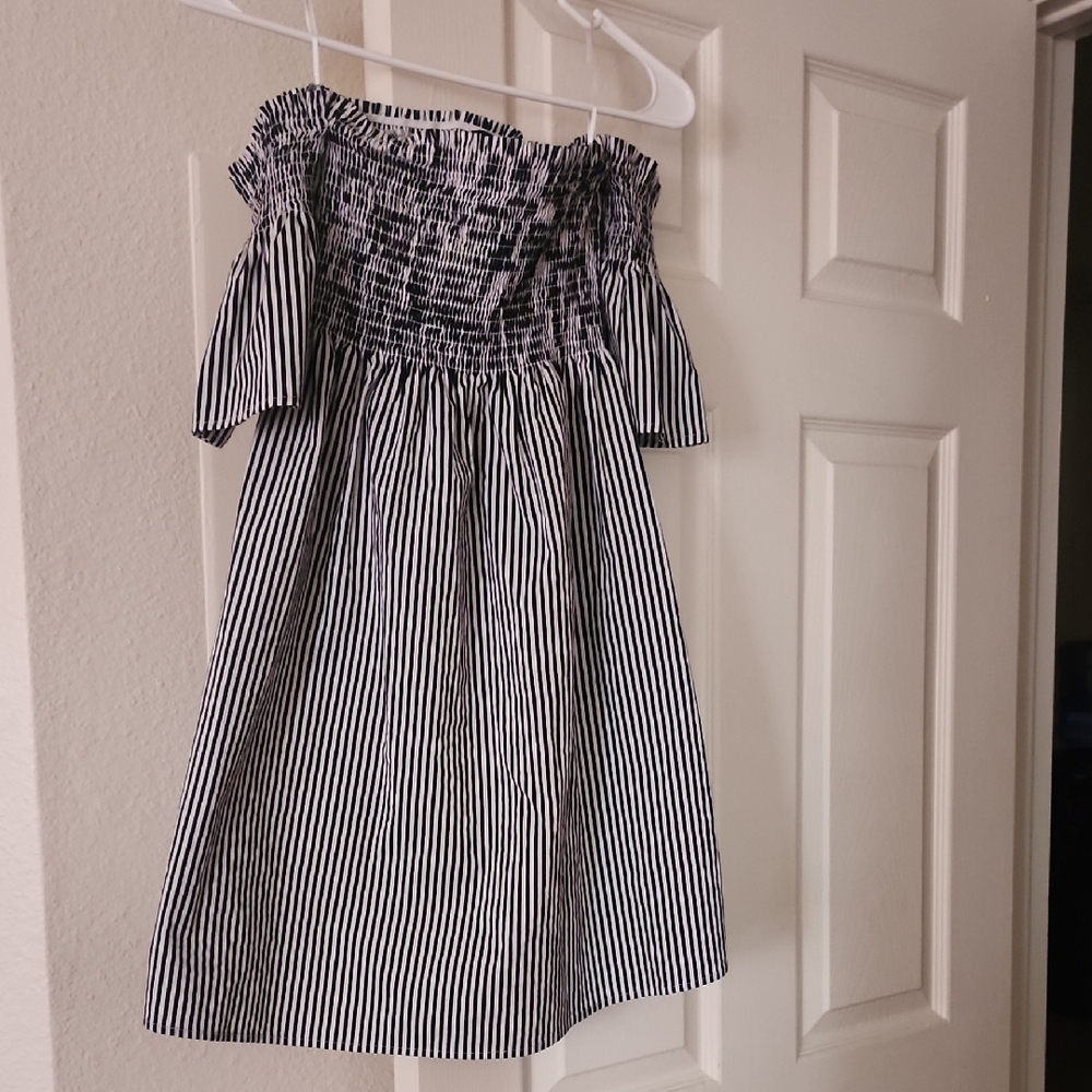 Ambiance Black and White Pinstripe Off-Shoulder A-Line Dress